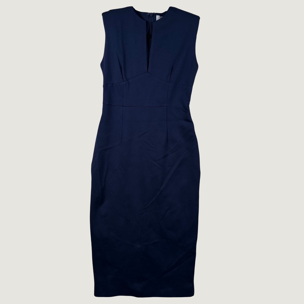 ALIEVA Sheath Dress Women V-Neck Sleeveless Midi M Navy Blue Corporate Work Chic